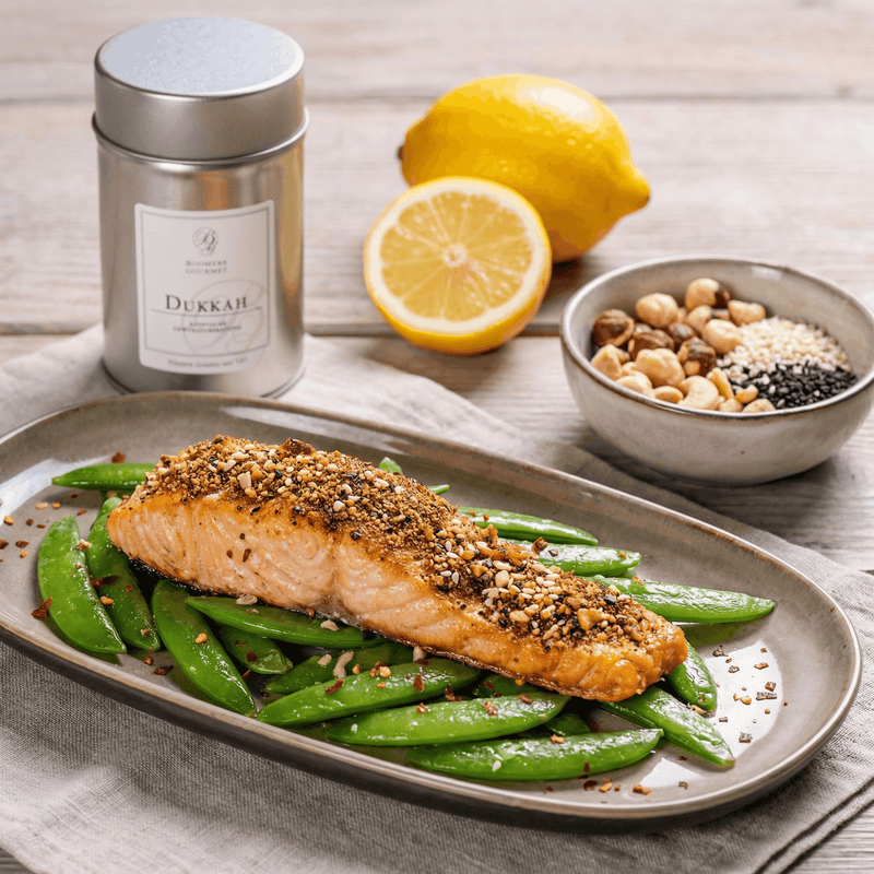 Ofenlachs mit nussiger Dukkah-Panade auf Zuckererbsen