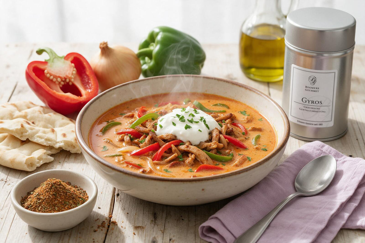 Gyrossuppe mit Schweinefleisch, roter und grüner Paprika, Crème fraîche und Petersilie, dazu Fladenbrot