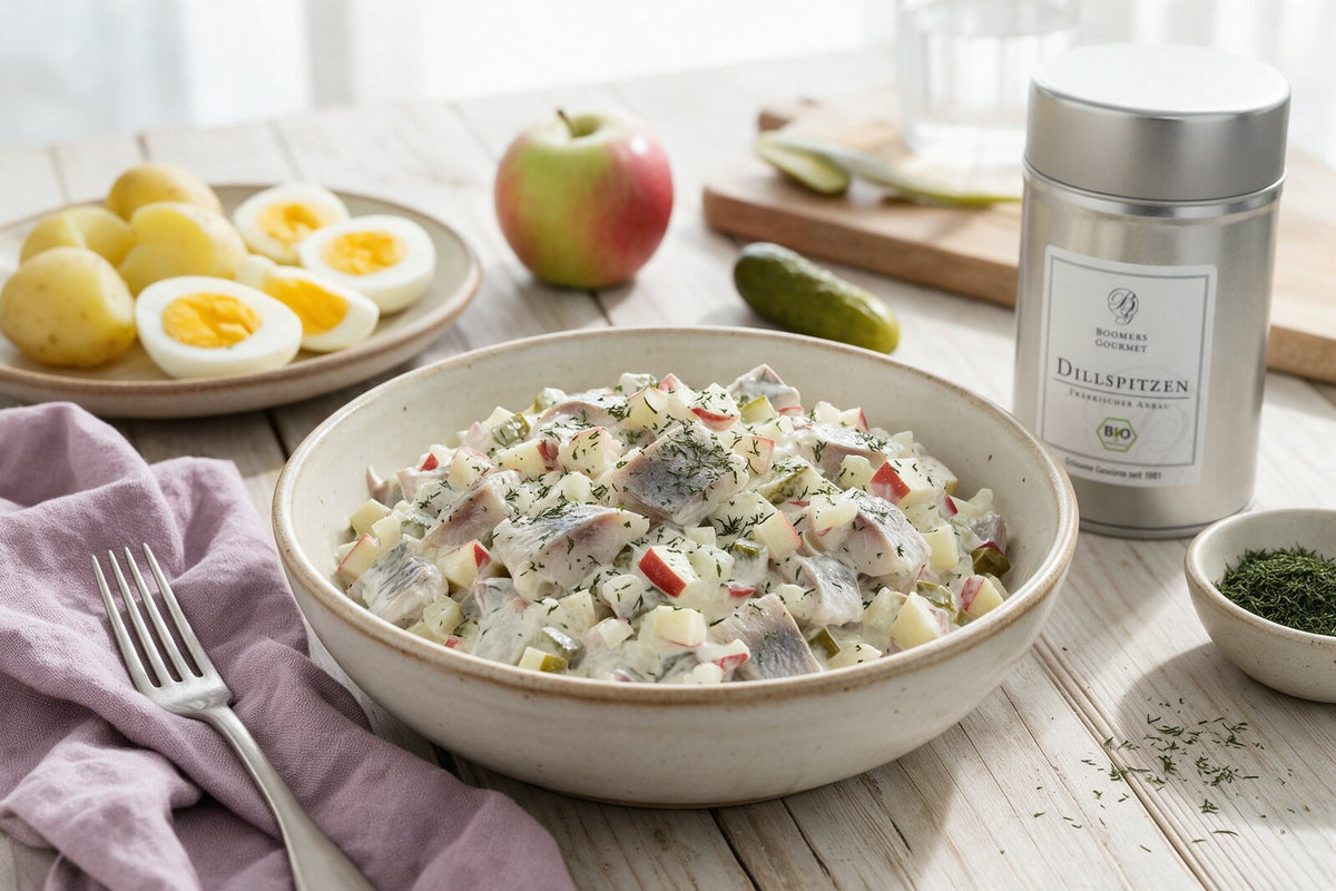 Heringssalat mit Apfel, Gurke und Dill in einer Schüssel, dazu Pellkartoffeln und hart gekochte Eier