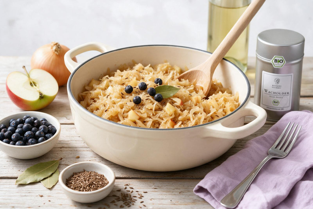 Sauerkraut klassisch gekocht mit Wacholderbeeren, Lorbeerblatt und Kümmel im Topf, daneben Apfel und Zwiebel