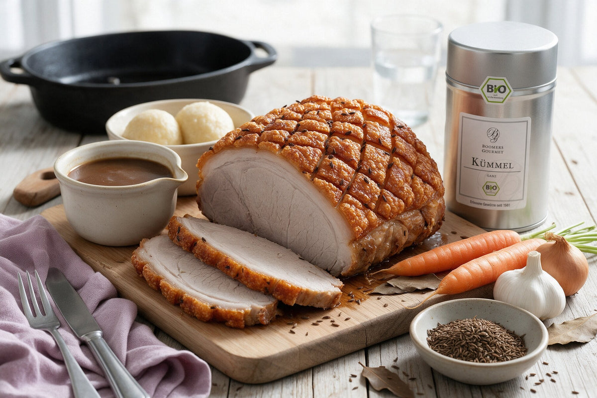 Schweinebraten mit knuspriger Kruste, angeschnitten auf einem Holzbrett, mit dunkler Soße und Knödeln