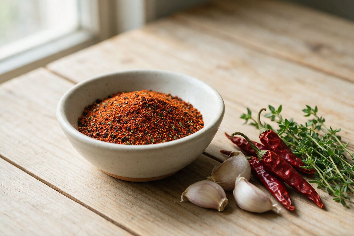 Cajun-Gewürz in einem Schälchen mit Knoblauch, Chili und Thymian