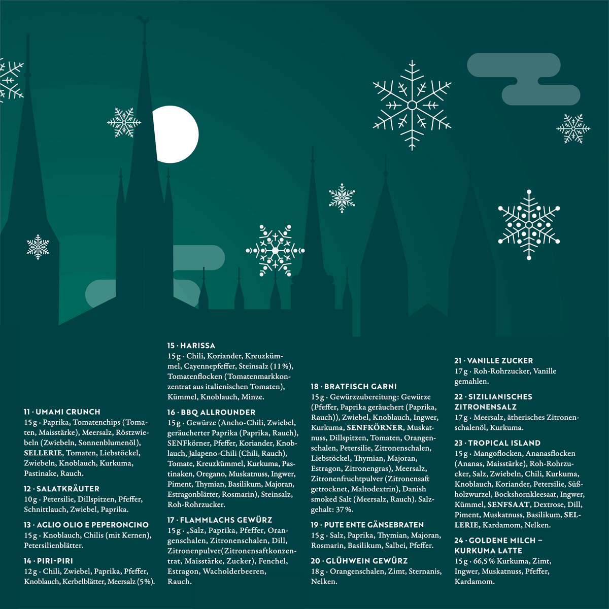 Inhalt Gewürz Adventskalender 2026: Gewürzmischungen der Türchen 15 bis 24