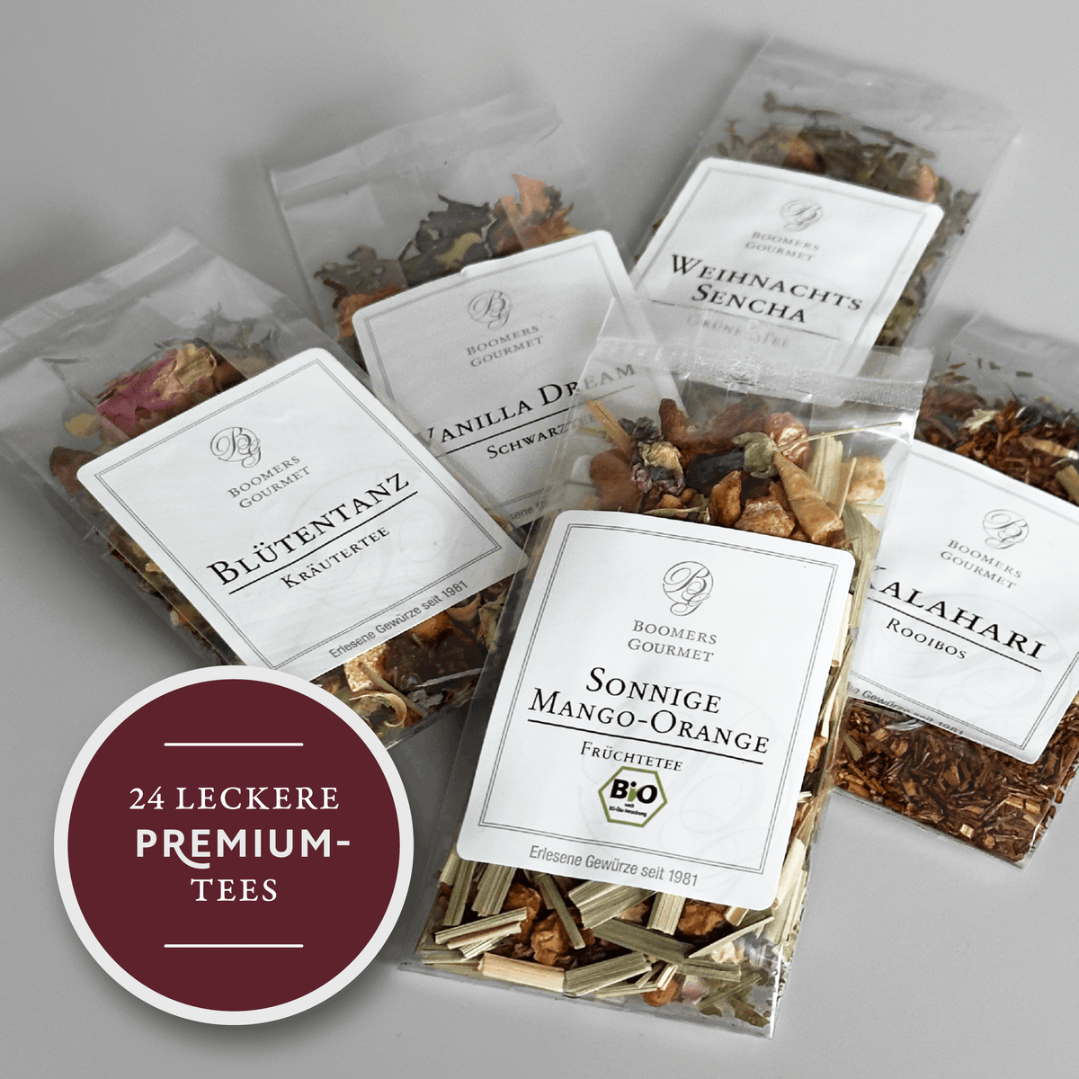Fünf Aromabeutel mit losem Tee aus dem Boomers Gourmet Tee Adventskalender 2026