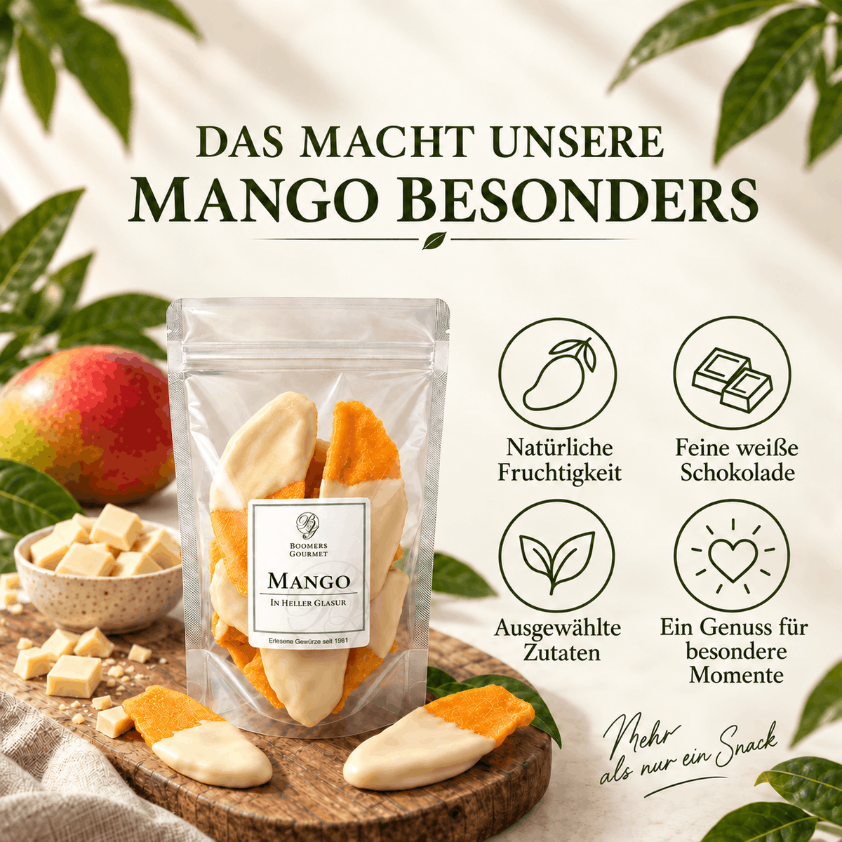 Mango gedippt in heller Glasur