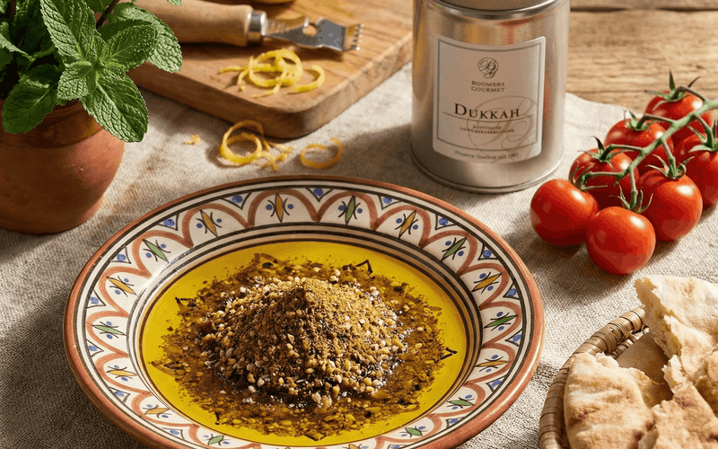Dukkah-Dip mit Olivenöl und Fladenbrot – so kannst du Dukkah essen