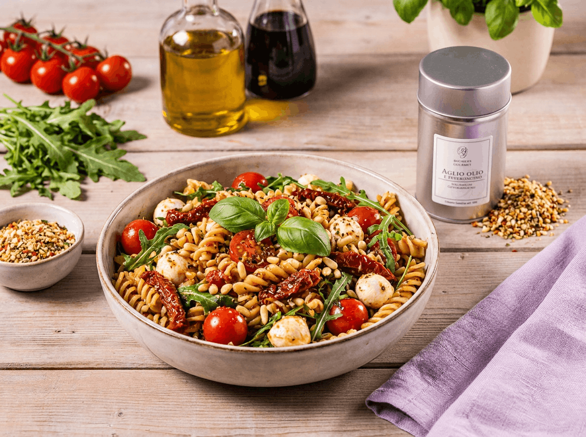 Mediterraner Nudelsalat mit Aglio olio e peperoncino