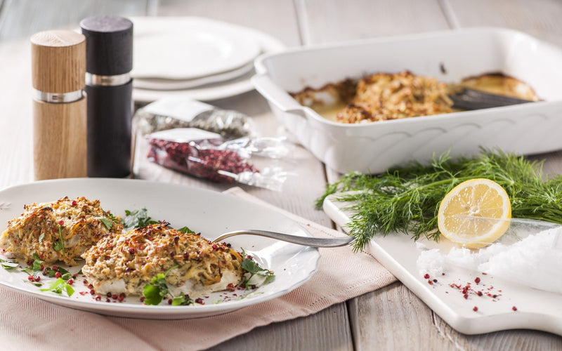 Fischfilet mit Apfel-Meerrettich-Kruste und Senfkörnern