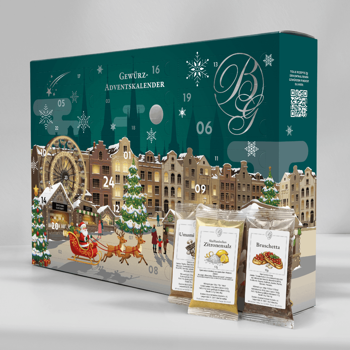 Gewürz Adventskalender 2026 von Boomers Gourmet, Frontansicht mit drei Gewürztüten