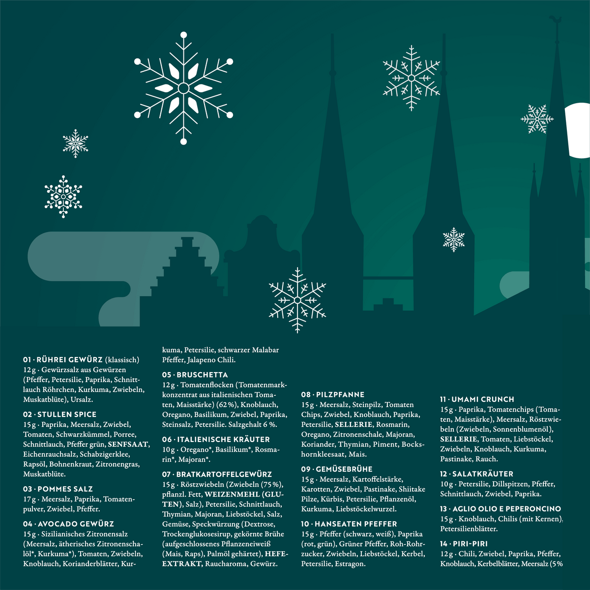 Inhalt Gewürz Adventskalender 2026: Gewürzmischungen der Türchen 1 bis 14