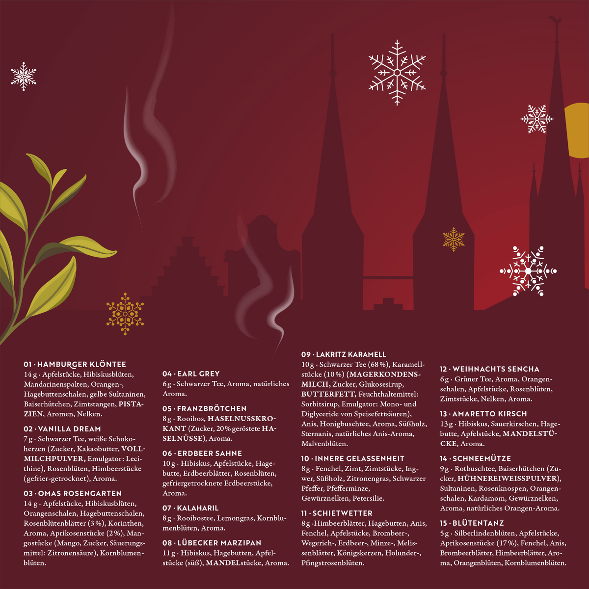Inhalt Tee Adventskalender 2026: lose Teesorten der Türchen 1 bis 15