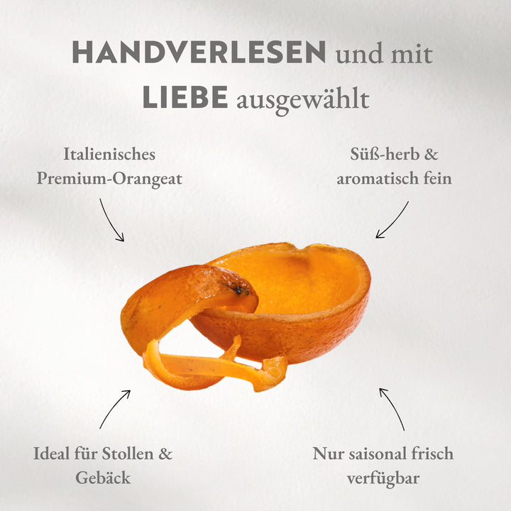 Orangeat, frische halbe Schalen