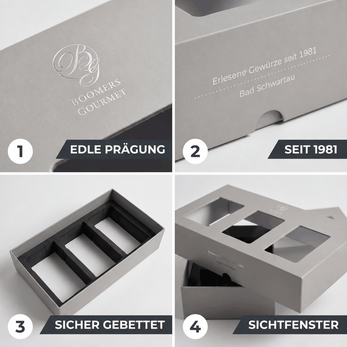 Vier Detailansichten der Boomers-Gourmet-Geschenkbox: silberne Logoprägung, seitlicher Aufdruck „Erlesene Gewürze seit 1981 – Bad Schwartau“, schwarzes Schaumstoff-Inlay mit drei Fächern und abgehobener Deckel mit drei Sichtfenstern